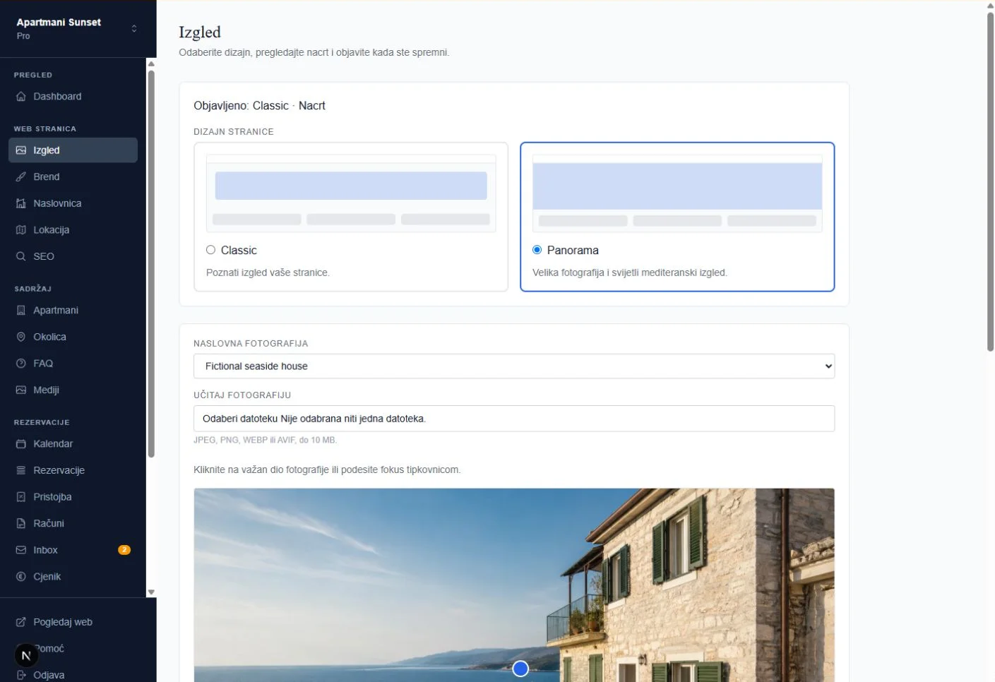 Adriabook panel — odabir dizajna i naslovne fotografije na testnim podacima
