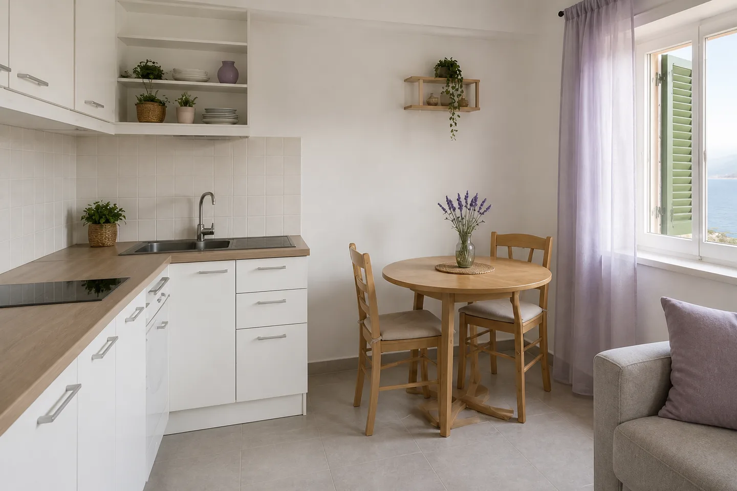Kuhinja i blagovanje izmišljenog apartmana Lavanda